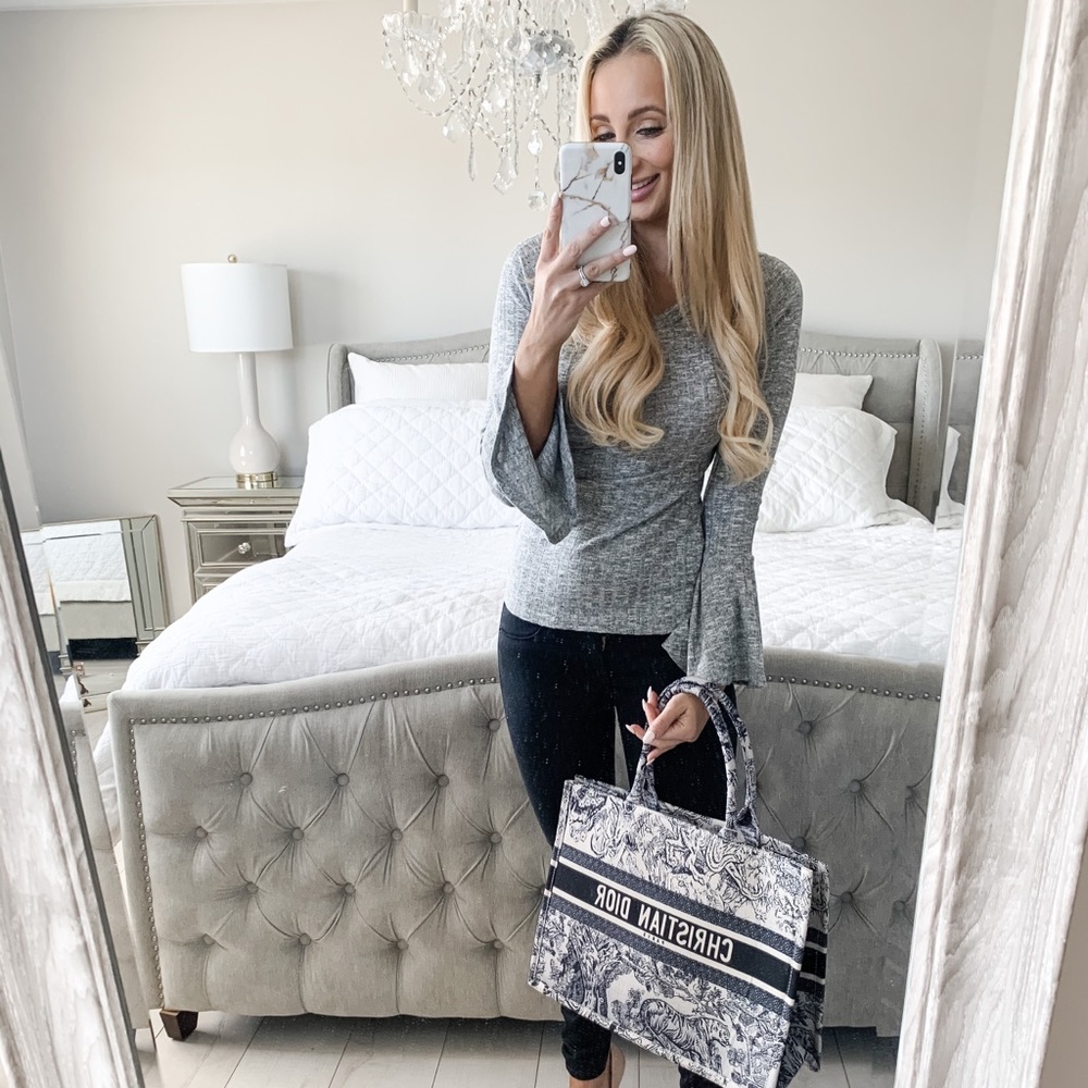 Last 2!!!! Grey Bell Sleeve Rib Lace Up Back Top